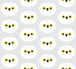 Vector seamless pattern of flat cartoon hand drawn polar white owl face isolated on gray background