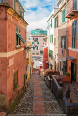 Narrow alley in the sea district of Boccadasse in Genoa (Liguria, Italy)