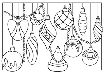 Christmas coloring book antistress, Christmas decorations, hanging glass Christmas balls, Christmas beads