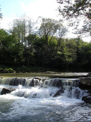 Mountain river with a stone cascade with a waterfall with streams of white water with foam and splashes on the background of trees