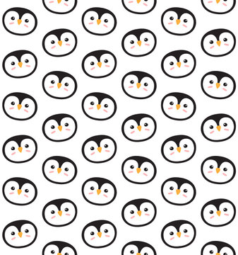 Vector seamless pattern of flat cartoon doodle colored penguin face isolated on white background