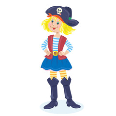 Carnival costumes. Nice girl dressed as a pirate. In cartoon style. Isolated on white background. Vector flat illustration.