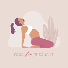 Yoga for pregnant, active young girl performing physical exercise and asana position. A healthy woman relaxes and meditates, hand drawn illustration in modern flat cartoon style, pink colors isolated
