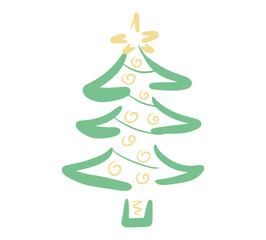 Hand-drawn Christmas tree. Doodle cartoon illustration with Christmas decorations, stars. New year concept. Abstract poster with holiday symbols. Vector sketch isolated on white background.