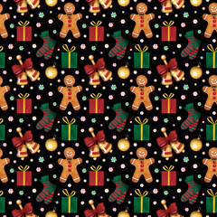 Seamless Pattern with watercolor golden Christmas Bells, Gingerbread man, knitted socks, holiday tree balls. Hand drawn winter background for design scrapbooking  wrapping paper, textile, package