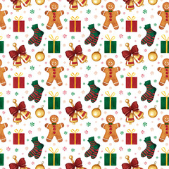 Seamless Pattern with watercolor golden Christmas Bells, Gingerbread man, knitted socks, holiday tree balls. Hand drawn winter background for design scrapbooking  wrapping paper, textile, package