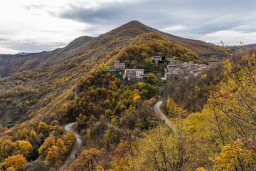 The small rural village of Pieia in the southern flank of mount Nerone (Marche, Italy) during the...