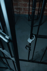 Open handcuffs hang on the cage. Successful release from liability