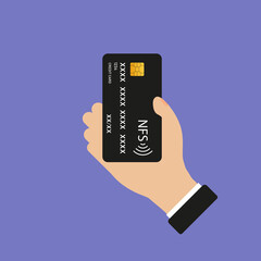 Black credit card in hand, nfc contactless payment for purchases or services. Vector EPS10