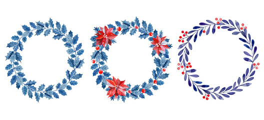 Set of three Christmas floral blue wreaths. Winter floral. Watercolor illustration. Isolated on white background. for card, posters and invitation