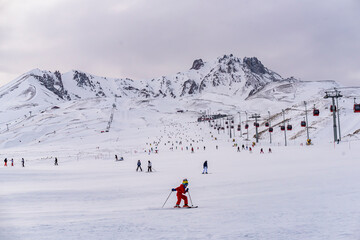 People skiing in Erciyes ski resort. Snowy Mount Erciyes