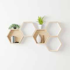 wooden Hexagon shelf little tree, books ,decoration copy space, mock up, hexegon