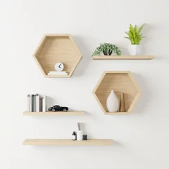Fotobehang Per kamer wooden Hexagon shelf little tree, books and toys copy space, mock up, hexegon  © Thanet
