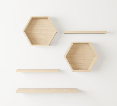 wooden Hexagon shelf and empty shelf, copy space, mock up, hexegon