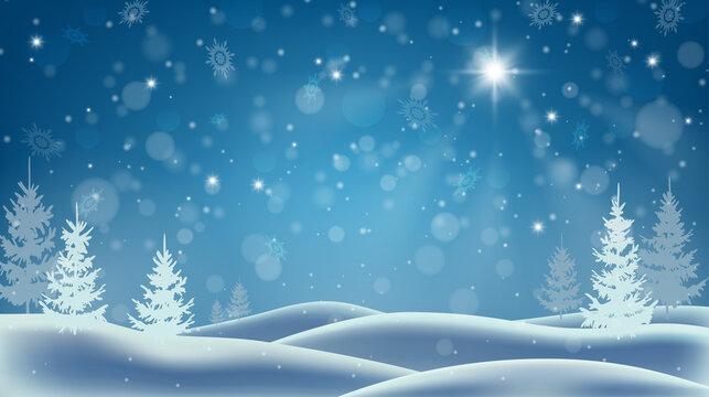 Shining Christmas star. Winter night. Snowstorm in the forest. Deep drifts and falling snowflakes. Christmas background.