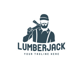 Man with an ax, lumberjack with a beard and mustache, in a knitted hat, logo design. Logger, woodsman, lumberman and hipster, vector design and illustration