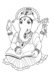 God Ganesha is an elephant with a holy book, which he writes with his broken tusk, drawing with a black line on a white background.