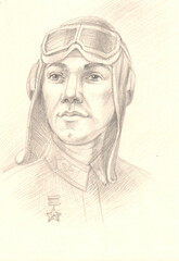 A portrait of a pilot in a helmet, a Soviet hero of the Second World War, is drawn in pencil on paper.