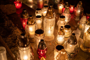 All Saints' Day. Candles on the graves of the dead.