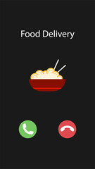 Vector illustration with the inscription: Food delivery. Phone interface with two icons accept or reject a call. Caller id number delivery man