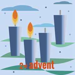 Second Sunday of Advent. Four candles, two burning candles, snow, clouds, branches of Christmas tree. Vector illustration in flat style. Countdown of Christmas, for social networks, banners.