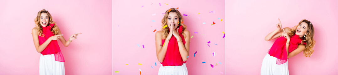 collage of elegant woman in crown under confetti on pink background, banner