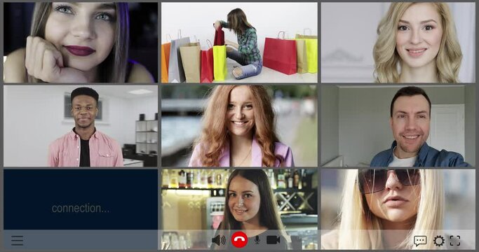 Multi ethnic group of young people using video conferencing technology for video call with friends abroad. Happy girl showing her purchases using mobile phone or laptop. New clothes after shopping.