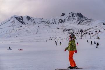 People skiing in Erciyes ski resort. Snowy Mount Erciyes