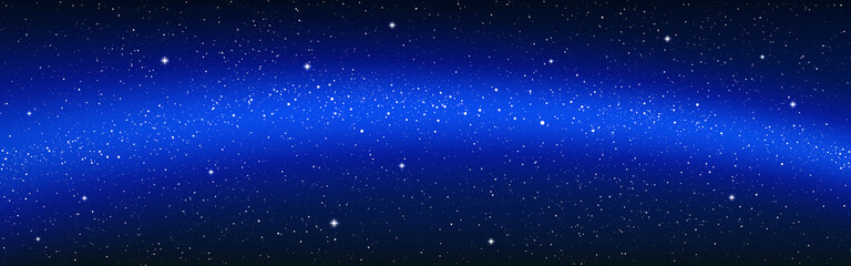 Milky way wide banner. Space starry background. Bright cosmic wallpaper. Cosmos texture with shining stars. Dark universe with stardust. Vector illustration