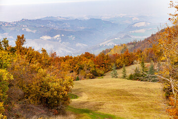 Fototapeta premium Spettacolare paesaggio con colline italiane durante l'autunno con colori saturi