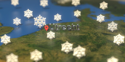 Snowy weather icons near Utrecht city on the map, weather forecast related 3D rendering