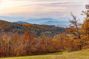 Spettacolare paesaggio con colline italiane durante l'autunno con colori saturi