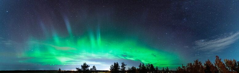 Beautiful Aurora Borealis panorama photo across the whole horizont, above pine tree forest and city...