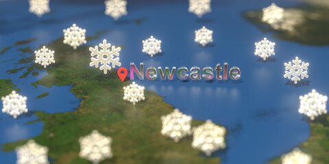 Snowy weather icons near Newcastle city on the map, weather forecast related 3D rendering