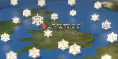 Snowy weather icons near Liverpool city on the map, weather forecast related 3D rendering