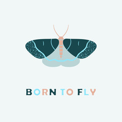Butterfly in deep emerald and jade green colors with Born to Fly caption on light background. Vector illustration for fashion graphic designs as T-shirt prints, pajamas, bedding sets, fabrics, logos.