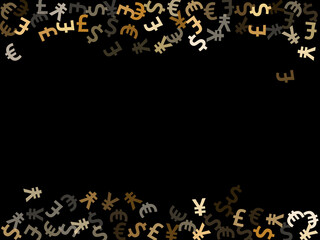 Euro dollar pound yen metallic signs scatter money vector design. Profit growth backdrop. Currency 