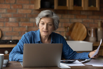 Smiling mature woman using laptop, online baking service, checking financial documents at home,...