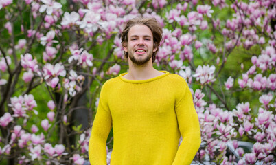 perfect spring day. allergy. sexy guy blooming magnolia flower tree. man natural seasonal background. feel refreshed. spring holiday. Male sexuality. sakura smell. enjoy good weather