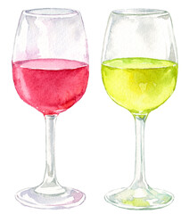 並んだ赤ワインのグラスと白ワインのグラス　水彩画