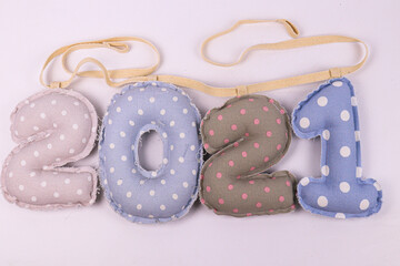 New Year Celebration 2021,  Cute 2021 alphabet cotton fabric, white background