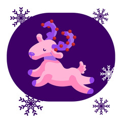 Pink deer flying on white isolated backdrop. Christmas holiday postcard for invitation or gift card, notebook, bath tile, scrapbook. Phone case or cloth print. Flat style stock vector illustration