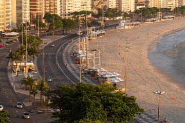 Beautiful sunrise view to buildings on the shore of Copacabana Beach