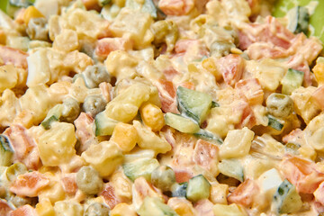 Olivier salad close up Russian salad with fresh products