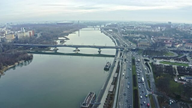 Drone flight over the Warsaw weichsel river with a overview, Poland