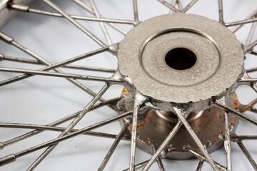 Close up of small wheel spokes and hub