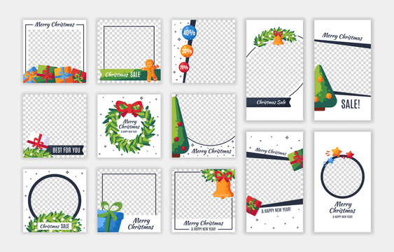 Christmas and New year posts and stories template set for social media. Design backgrounds for instagram, blog, vector illustration