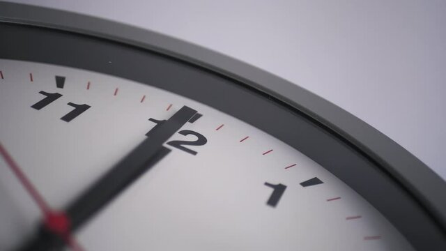 Close up of a ticking clock on white background, pointing midnight