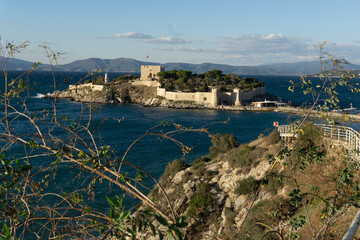Pigeon Island view on a sunny and beautiful day in Kusadasi Town of Turkey,