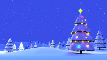 Crédence de cuisine en verre imprimé Bleu foncé Paisaje nevado con árbol de navidad